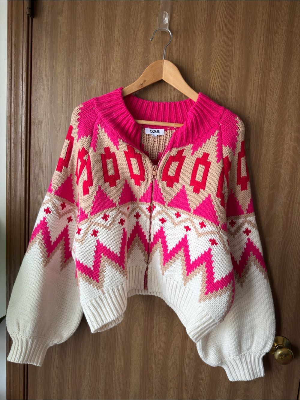 525 America Pink Geometric Zip Sweater Balloon Sleeve Size Large